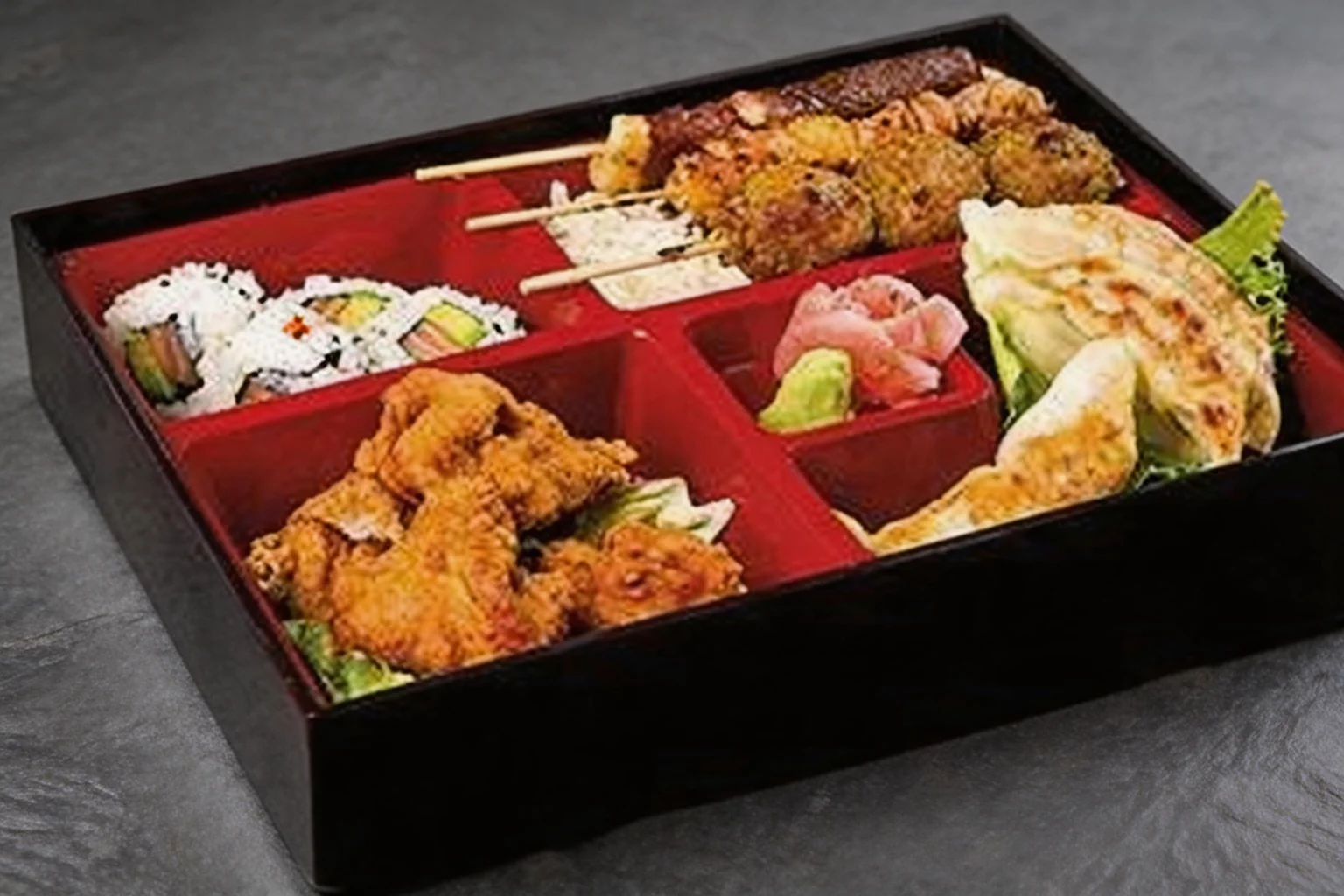 Bento dans une boîte noire et rouge, fond sombre.