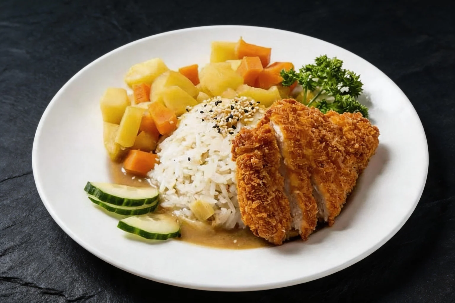 Curry japonais sur une assiette blanche, fond sombre.