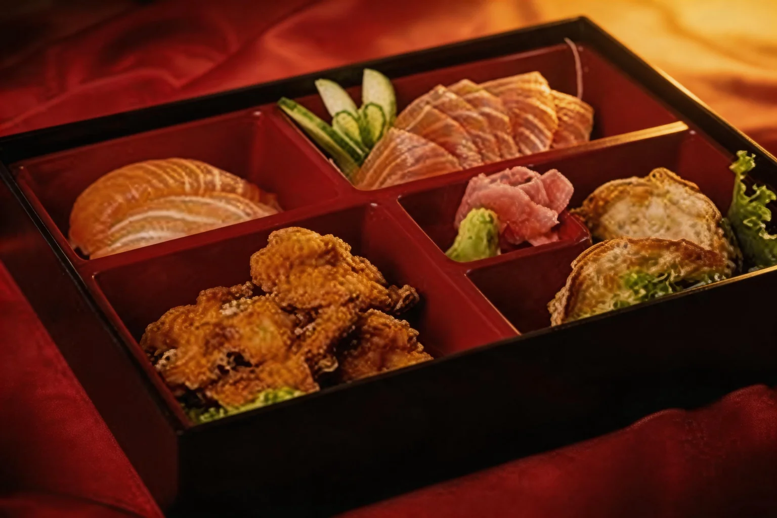 Bento dans une boîte noire et rouge sur un tissu rouge, lumière tamisée.