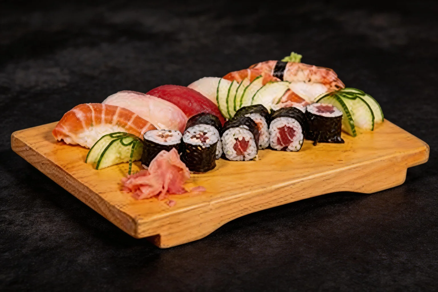 Menu A : sushi et makis sur un plateau en bois, fond sombre.