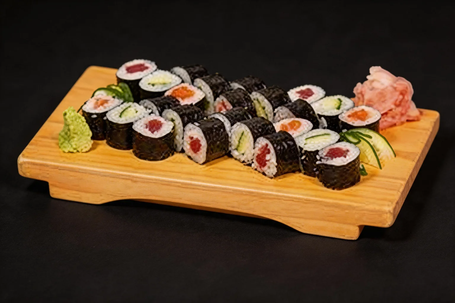 Menu R : makis sur un plateau en bois, gingembre et wasabi, fond sombre.